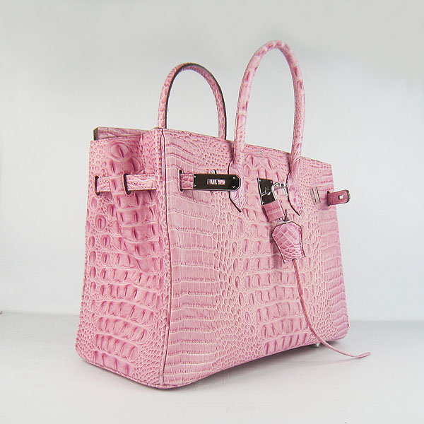 High Quality Fake Hermes Birkin 35CM Crocodile Head Veins Leather Bag Pink 6089